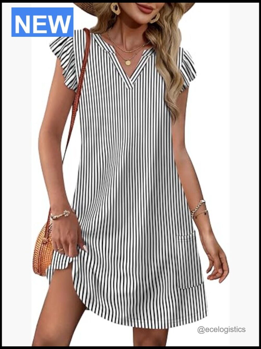 Ruffle Sleeve V-Neck Loose Swing Sundress with Pockets Knee-Length
